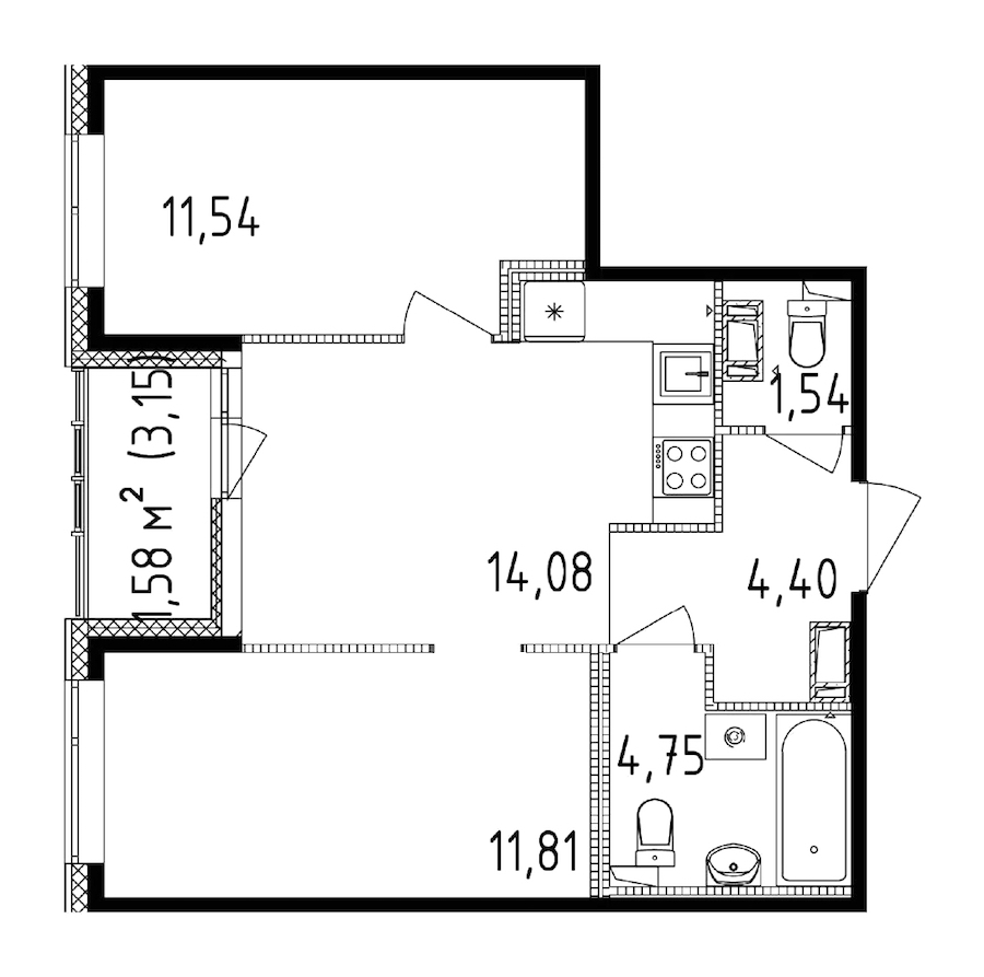 2-комнатная квартира 48.12 м², 13/14 эт., ЖК «Чёрная речка»